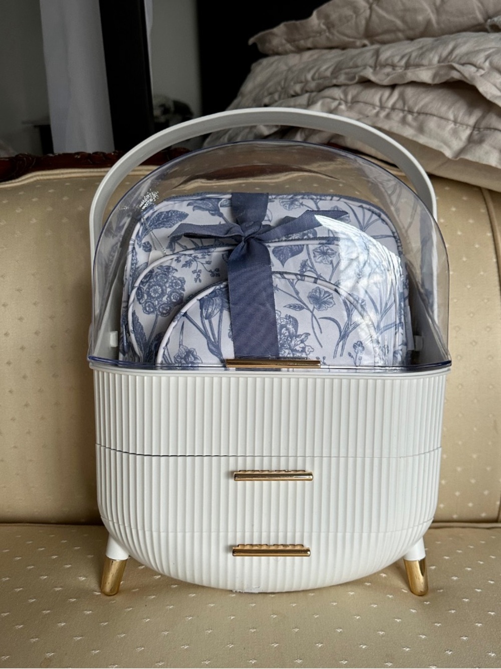 NWT White and Gold Decorative Storage Caddy with Blue Floral Pouch